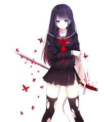 Rule 34 | 1girl, absurdres, black hair, black serafuku, black thighhighs, blood, blouse, blue eyes, bug, butterfly, caidychen, hair ornament, hairclip, highres, insect, katana, long hair, looking at viewer, original, pleated skirt, school uniform, serafuku, shirt, simple background, skirt, solo, sword, thighhighs, thighs, torn clothes, torn shirt, torn skirt, torn thighhighs, weapon, white background