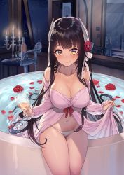 Rule 34 | 1girl, ayul (ayulneri 92), azur lane, babydoll, bare shoulders, bath, bathtub, black hair, breasts, brown eyes, candle, candlestand, cleavage, closed mouth, collarbone, commentary request, cup, drink, drinking glass, flower, glint, halterneck, hiei (azur lane), hiei (moonlit cruise) (azur lane), highres, holding, holding cup, horns, indoors, large breasts, long hair, long sleeves, looking at viewer, mirror, navel, night, panties, petals, petals on liquid, pillow, red flower, rose, sitting, smile, solo, stomach, thighs, underwear, very long hair, water, white panties, window, wine glass