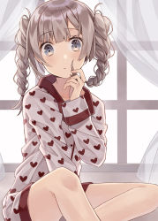 Rule 34 | 1girl, :&lt;, bare legs, between legs, blue eyes, blush, braid, brown eyes, closed mouth, commentary request, curtains, feet out of frame, hair tie, hand between legs, hand up, heart, heart print, highres, indoors, long hair, long sleeves, minasenagi, multicolored eyes, original, pajamas, playing with own hair, print pajamas, sitting, sleeve cuffs, solo, twin braids, window