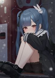 Rule 34 | 1girl, backpack, bag, black bow, black dress, black footwear, black shorts, blue hair, blush, bow, commentary request, dress, ear piercing, earrings, frilled dress, frills, hair bow, hair ornament, hairclip, highres, hugging own legs, jewelry, kneehighs, knees up, lace-trimmed shorts, lace trim, long hair, long sleeves, looking at viewer, original, piercing, platform footwear, puffy long sleeves, puffy sleeves, rabbit hair ornament, red eyes, shoes, shorts, shorts under dress, sitting, sleeves past wrists, snowing, socks, solo, tsukiman, twintails, vending machine, very long hair, white socks