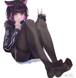 Rule 34 | 1girl, absurdres, animal ears, black hair, black jacket, black pantyhose, black skirt, blue archive, commentary request, dated, feet, firecracker (user kgxp3553), full body, hair in own mouth, hands up, highres, hood, hood down, hooded jacket, jacket, kazusa (blue archive), long sleeves, multicolored hair, no shoes, panties, panties under pantyhose, pantyhose, parted lips, pinching sleeves, pink hair, puffy long sleeves, puffy sleeves, red eyes, short hair, simple background, skirt, sleeves past wrists, soles, solo, thighband pantyhose, toes, two-tone hair, underwear, v, white background