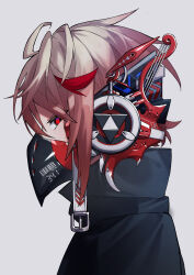 Rule 34 | 1boy, absurdres, ahoge, barcode, blonde hair, from side, gradient hair, grey background, highres, jacket, jisshu, looking at viewer, mask, multicolored hair, nijisanji, profile, red eyes, red hair, respirator, seraph dazzlegarden, solo, two-tone hair, virtual youtuber, voltaction