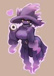 Rule 34 | 1girl, breasts, brown background, colored sclera, creatures (company), eyelashes, female focus, floating hair, game freak, gen 4 pokemon, ghost, gipehtyboo, half-closed eyes, hat, heart, highres, holding, jewelry, large breasts, looking at viewer, mismagius, nintendo, no humans, pokemon, red eyes, simple background, solo, witch hat, yellow sclera