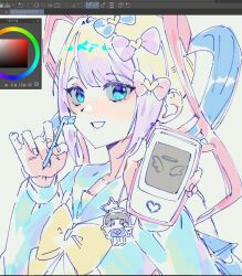 Rule 34 | 1girl, :d, art program in frame, blonde hair, blue bow, blue eyes, blue hair, bow, cellphone charm, charm (object), chouzetsusaikawa tenshi-chan, commentary request, hair bow, hair ornament, hands up, heart, heart hair ornament, holding, holding phone, holding stylus, korean commentary, long hair, long sleeves, looking at viewer, multicolored hair, multiple hair bows, needy girl overdose, open mouth, pakka 0308, phone, pink bow, pink hair, purple bow, purple hair, quad tails, smile, solo, stylus, upper body, yellow bow