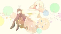 Rule 34 | 1girl, black footwear, black pantyhose, blonde hair, blush stickers, circle, commentary request, envelope, floating, full body, high heels, holding, letter, long hair, long sleeves, looking at viewer, love letter, mits, moon, original, pantyhose, paper airplane, pink hair, planet, school uniform, serafuku, skirt, smile, solo, sparkle