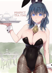 Rule 34 | 1girl, absurdres, alternate costume, animal ears, bad id, bad pixiv id, between breasts, blue eyes, blue hair, blush, breasts, byleth (female) (fire emblem), byleth (fire emblem), chair, cleavage, closed mouth, cup, detached collar, fake animal ears, fire emblem, fire emblem: three houses, highres, holding, large breasts, leotard, long hair, looking at viewer, low neckline, medium hair, nemu (nora), nintendo, pantyhose, plate, playboy bunny, rabbit ears, solo, table, teacup, teapot, wrist cuffs