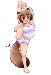 Rule 34 | 1girl, :d, animal ear fluff, animal ears, armpits, artist name, bare legs, barefoot, blue camisole, blue panties, blush, bow, bow panties, breasts, brown eyes, brown hair, camisole, collarbone, commentary, feet, full body, hair between eyes, hand on own leg, large breasts, lee (colt), leg up, looking at viewer, miku (lee), open mouth, original, panties, raccoon ears, raccoon girl, raccoon tail, short hair, simple background, smile, solo, split, standing, standing on one leg, standing split, tail, toes, underwear, underwear only, white background