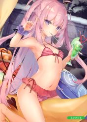 Rule 34 | 1girl, absurdres, ahoge, arm up, armpits, banana boat, bare shoulders, bikini, bikini skirt, breasts, cameltoe, covered erect nipples, crazy straw, cup, demon girl, demon tail, drinking glass, drinking straw, food, front-tie bikini top, front-tie top, halterneck, heart straw, highres, holding, holding cup, ice cream, ice cream float, kedama milk, long hair, looking at viewer, melonbooks, mouth hold, navel, original, pink hair, pointy ears, purple eyes, red bikini, riding, sakyumama (kedama milk), scan, scrunchie, sidelocks, small breasts, solo, stomach, striped bikini, striped clothes, swimsuit, tail, thighs, tropical drink, two side up, very long hair, wrist scrunchie
