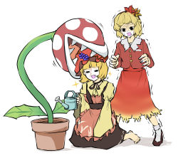 Rule 34 | 2girls, aki minoriko, aki shizuha, apron, autumn leaves, biting, biting clothes, black footwear, black neckwear, black skirt, blonde hair, blood, blood on face, collarbone, commentary request, flower pot, food, food-themed hair ornament, fruit, grape hair ornament, grapes, hair ornament, highres, leaf, leaf hair ornament, leaf on head, long sleeves, looking at another, maple leaf, mario (series), medium hair, multiple girls, nintendo, open mouth, orange skirt, peroponesosu., piranha plant, plant, red apron, red headwear, red vest, shaded face, sharp teeth, shirt, siblings, simple background, sisters, sitting, skirt, smile, star (symbol), surprised, suspender skirt, suspenders, sweat, teeth, touhou, vest, watering can, white background, white legwear, yellow shirt, yellow sleeves