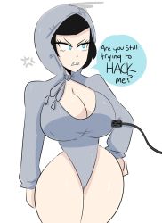Rule 34 | angry, black hair, blue eyes, breasts, grey sweater, hacking, hand on own hip, highres, hood, hoodie, jinu (jinusenpai), plug, sex doll, solo, sweater, thick thighs, thighs, usb, wide hips
