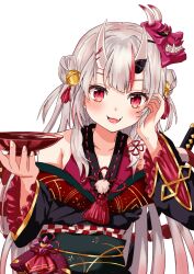 Rule 34 | 1girl, absurdres, bell, black kimono, blunt bangs, blush, choko (cup), commentary, cup, double bun, fang, grey hair, hair bell, hair bun, hair ornament, highres, hololive, horns, japanese clothes, jingle bell, kimono, lingmu, long hair, looking at viewer, mask, multicolored hair, nakiri ayame, nakiri ayame (1st costume), oni, oni mask, open mouth, red hair, red kimono, sidelocks, skin-covered horns, skin fang, sleeveless, sleeveless kimono, smile, solo, streaked hair, virtual youtuber