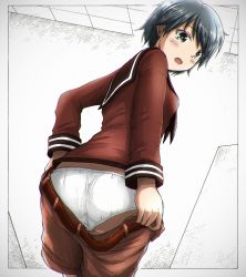 Rule 34 | 1girl, belt, black eyes, black hair, breasts, brown sailor collar, brown shorts, chromatic aberration, from behind, h2 (h20000000), highres, kantai collection, long sleeves, looking back, mogami (kancolle), open mouth, panties, partially colored, sailor collar, school uniform, serafuku, short hair, shorts, small breasts, solo, underwear, undressing, white panties