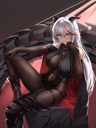 Rule 34 | 1girl, absurdres, aegir (azur lane), azur lane, bare shoulders, black gloves, black thighhighs, blush, bodystocking, bodysuit, breasts, closed mouth, covered navel, elbow gloves, gloves, hair between eyes, highres, knee up, large breasts, long hair, looking at viewer, multicolored hair, rebutsu, red hair, silver hair, sitting, smile, solo, streaked hair, thighhighs, thighs, yellow eyes
