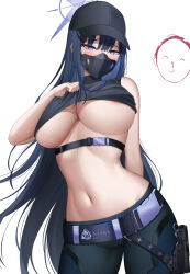 Rule 34 | 1girl, absurdres, arm behind back, baseball cap, belt, black belt, black hat, black pants, blood, blue archive, blue eyes, blue shirt, blush, breasts, clothes lift, doodle sensei (blue archive), halo, hat, highres, holster, hooni961130, large breasts, lifting own clothes, long hair, mask, mouth mask, navel, nosebleed, pants, raised eyebrows, saori (blue archive), sensei (blue archive), shirt, shirt lift, simple background, solo, stomach, tight clothes, tight pants, underboob, very long hair, white background