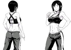 Rule 34 | 1girl, abs, armpits, ass, back, black hair, breasts, cleavage, female focus, food, greyscale, hand on own hip, hitomi-chan wa hitomishiri, hot, ice cream, large breasts, midriff, monochrome, multiple views, pants, popsicle, short hair, solo, solo focus, sports bra, standing, strap, striped clothes, striped pants, sweat, takano hitomi, thighs, tomboy, track pants, white background