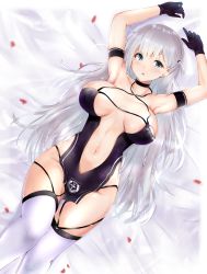 Rule 34 | 1girl, absurdres, armpits, arms up, azur lane, bare shoulders, black gloves, blue eyes, blush, breasts, collarbone, criss-cross halter, dress, gloves, halter dress, halterneck, highres, large breasts, long hair, looking at viewer, lying, mole, mole under eye, navel, okame. (okame124), on back, one side up, open mouth, petals, race queen, shoukaku (azur lane), shoukaku (sororal wings) (azur lane), thighhighs, white hair, white thighhighs