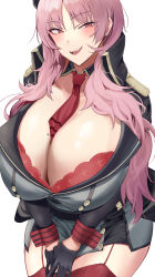 Rule 34 | 1girl, absurdres, black gloves, blue archive, blush, breasts, commentary request, gloves, highres, huge breasts, long hair, long sleeves, looking at viewer, mole, mole on breast, namazu (yamasonson), necktie, parted lips, pink eyes, pink hair, red garter straps, red necktie, red thighhighs, satsuki (blue archive), simple background, smile, solo, thighhighs, white background