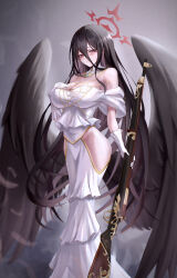 Rule 34 | 1girl, absurdres, albedo (overlord), albedo (overlord) (cosplay), alternate costume, black wings, blue archive, blush, bolt action, breasts, cosplay, detached collar, dress, feathered wings, feathers, gloves, gun, hair between eyes, halo, hand on own chest, hasumi (blue archive), highres, hip vent, holding, holding gun, holding weapon, large breasts, long hair, m1917 enfield, overlord (maruyama), red eyes, rifle, solo, strapless, strapless dress, very long hair, weapon, white dress, white gloves, white wings, wings, yyfuu