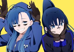 Rule 34 | 2girls, ado (utaite), ahoge, asymmetrical bangs, blue eyes, blue hair, blue jacket, brown gloves, clenched teeth, closed mouth, cloud nine inc, collarbone, commentary request, facial mark, gloves, hair between eyes, hands on own cheeks, hands on own face, hands up, highres, hood, hood up, jacket, long hair, long sleeves, looking at viewer, matryoshka (vocaloid), merry (ado), multiple girls, naima (ado), nori (norinori yrl), ponytail, readymade (ado), simple background, smile, teeth, upper body, usseewa, yellow background, zipper, zipper pull tab
