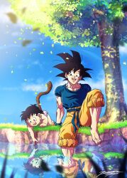 Rule 34 | black eyes, black hair, dragon ball, falling leaves, father and son, grass, happy, highres, leaf, sky, smile, son gohan, son goku, sunlight, tagme, tail, tree, water