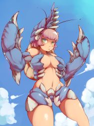 Rule 34 | 1girl, antennae, armor, bad id, bad pixiv id, blush stickers, breasts, capcom, cloud, day, female focus, green eyes, large breasts, lobster, monster girl, monster hunter (series), navel, outdoors, pincers, pink hair, shogun ceanataur, short hair, sky, solo, standing, zako (arvinry)
