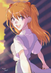 Rule 34 | 1girl, absurdres, artist request, blouse, blue eyes, blurry, breasts, brown hair, closed mouth, depth of field, from side, hair between eyes, hair ornament, highres, interface headset, looking at viewer, looking back, medium breasts, neon genesis evangelion, open mouth, school uniform, shirt, skirt, sky, smile, solo, souryuu asuka langley, sunset, suspender skirt, suspenders, tokyo-3 middle school uniform, upper body, white shirt