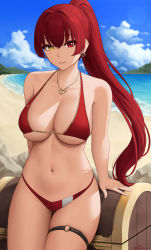 Rule 34 | 1girl, absurdres, arrow through heart, artist name, beach, bikini, blue sky, blush, breasts, cleavage, cloud, cowboy shot, earrings, female focus, hair between eyes, heart, heart necklace, heterochromia, highres, hololive, houshou marine, houshou marine (summer), jewelry, large breasts, lips, long hair, midriff, navel, necklace, o-ring, o-ring thigh strap, ocean, parted lips, ponytail, red eyes, red hair, sitting, sky, smile, solo, swimsuit, thigh strap, treasure chest, underboob, very long hair, virtual youtuber, water, yellow eyes, zaphn
