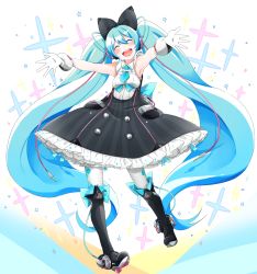 Rule 34 | 1girl, :d, ^ ^, agonasubi, alternate costume, armpits, black bow, blue hair, bow, closed eyes, dress, closed eyes, full body, gloves, hair bow, hatsune miku, headphones, highres, long hair, magical mirai (vocaloid), magical mirai miku, magical mirai miku (2016), open mouth, outstretched arms, pantyhose, sleeveless, smile, solo, twintails, very long hair, vocaloid, white gloves, white pantyhose
