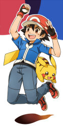 Rule 34 | 10s, 1boy, :3, :d, ash ketchum, baseball cap, black gloves, black hair, black shirt, blue background, blue jacket, brown eyes, creatures (company), denim, fingerless gloves, game freak, gen 1 pokemon, gloves, happy, hat, holding, holding poke ball, jacket, jeans, jumping, looking down, looking up, nintendo, open mouth, pants, pikachu, poke ball, pokemon, pokemon (anime), pokemon (creature), pokemon xy, purple background, red background, red footwear, red headwear, salute, shadow, shirt, shoes, simple background, smile, tail, teeth, tomato mameta, white background