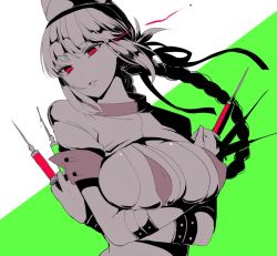 Rule 34 | 1girl, bati15, between fingers, bikini, blush, braid, breasts, fate/grand order, fate (series), female focus, florence nightingale (fate), florence nightingale (trick or treatment) (fate), gloves, hat, holding, large breasts, long hair, looking at viewer, monochrome, nurse cap, official alternate costume, pink hair, red eyes, shrug (clothing), solo, swimsuit, syringe