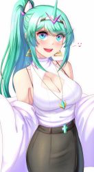 Rule 34 | 1girl, :d, alternate costume, anisdrawn, aqua eyes, black skirt, bra strap, breasts, cleavage, cleavage cutout, clothing cutout, dangle earrings, earrings, green hair, highres, jacket, jewelry, large breasts, long hair, long skirt, looking at viewer, necklace, off shoulder, open mouth, pneuma (xenoblade), ponytail, signature, skirt, sleeveless, sleeveless sweater, smile, solo, sweater, swept bangs, teeth, tiara, turtleneck, turtleneck sweater, upper teeth only, white background, white jacket, white sweater, xenoblade chronicles (series), xenoblade chronicles 2