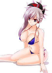 Rule 34 | 1girl, bikini, blue bikini, blue eyes, breasts, cleavage, commentary request, engo (aquawatery), covered erect nipples, fate/grand order, fate (series), feet out of frame, hair ornament, large breasts, miyamoto musashi (fate), navel, pink hair, ponytail, side-tie bikini bottom, simple background, smile, solo, swimsuit, white background