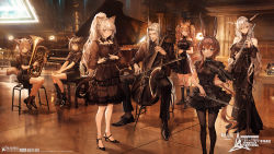 Rule 34 | 1boy, 6+girls, ambience synesthesia, amiya (arknights), angelina (arknights), animal ears, antenna hair, arknights, bare shoulders, conductor baton, black dress, black footwear, black jacket, black legwear, black pants, blue eyes, bow (music), brown eyes, brown hair, cat ears, cat tail, cello, commentary request, dress, facial hair, feather hair, flute, fox ears, fox tail, glasses, goatee, hellagur (arknights), high heels, highres, holding, holding bow (music), holding instrument, holding violin, horns, indoors, infection monitor (arknights), instrument, jacket, lm7 (op-center), long hair, multiple girls, mustache, off-shoulder dress, off shoulder, official alternate costume, official art, pants, piano, ponytail, puffy short sleeves, puffy sleeves, rabbit ears, red eyes, schwarz (arknights), shining (arknights), shoes, short hair, short sleeves, silence (arknights), silver hair, sitting, standing, sussurro (arknights), tail, trumpet, tuba, twintails, very long hair, violin, wristband
