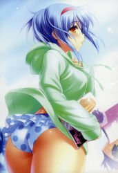 Rule 34 | 1girl, absurdres, ass, bikini, blue background, blue bikini, blue hair, blush, book, cowboy shot, falling books, floating hair, foreshortening, frilled bikini, frills, from side, green hoodie, hair between eyes, hairband, highres, holding, holding book, hood, hood down, hoodie, lips, little busters!, looking at viewer, nishizono mio, parted lips, polka dot, polka dot bikini, profile, red hairband, scan, short hair, sideways glance, simple background, sleeves past wrists, solo, standing, swimsuit, wind, wind lift, yellow eyes, zen (kamuro)