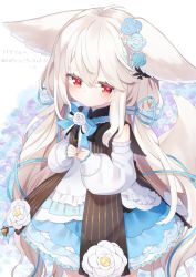 Rule 34 | 1girl, animal ears, blue flower, blurry, blurry background, closed mouth, commentary request, copyright request, depth of field, detached sleeves, dress, floral background, flower, hair between eyes, hair flower, hair ornament, highres, kokone (coconeeeco), light brown hair, long hair, long sleeves, looking at viewer, low twintails, own hands together, puffy long sleeves, puffy sleeves, red eyes, sakurada shiro (hy plus), sleeveless, sleeveless dress, sleeves past wrists, solo, tail raised, thick eyebrows, translated, twintails, very long hair, white dress, white flower, white sleeves