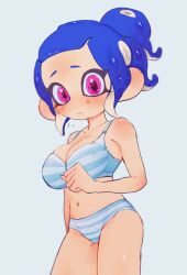 Rule 34 | 1girl, blue background, blue bra, blue panties, blush, bra, breasts, closed mouth, collarbone, commentary request, doro mizu 831, eyelashes, highres, large breasts, looking at viewer, medium hair, navel, nintendo, octoling, octoling girl, octoling player character, panties, ponytail, simple background, solo, splatoon (series), standing, striped clothes, striped panties, underwear
