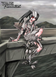 Rule 34 | 1girl, aircraft, airplane, armor, black hair, cloud, gender request, genderswap, highres, jet, mecha musume, mountain, personification, red eyes, saigo no shito, short twintails, solo, starscream, transformers, twintails, water