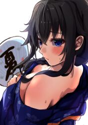 Rule 34 | 1girl, absurdres, ayachanman, bare shoulders, black hair, blue eyes, blue kimono, blush, braid, breasts, closed mouth, downblouse, from above, from behind, hand fan, highres, holding, holding fan, japanese clothes, kimono, kimono pull, long hair, looking at viewer, looking back, off shoulder, revision, simple background, small breasts, solo, upper body, white background, yahari ore no seishun lovecome wa machigatteiru., yukata, yukinoshita yukino