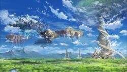 Rule 34 | 10s, blue sky, cloud, cloudy sky, crystal, day, fantasy, floating island, forest, landscape, mountain, nature, no humans, outdoors, scenery, sky, sword art online, water, waterfall, watermark