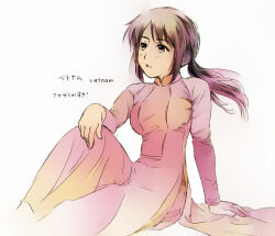 Rule 34 | 1girl, alternate costume, axis powers hetalia, breasts, brown eyes, character name, dress, feet out of frame, hand on floor, highres, hituziko, long sleeves, looking afar, low ponytail, medium hair, open mouth, pink dress, simple background, sitting, small breasts, solo, traditional clothes, vietnam (hetalia), vietnamese clothes, vietnamese dress, white background