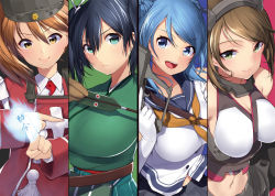Rule 34 | &gt;:), 10s, 4girls, :d, arrow (projectile), bare shoulders, black hair, blue eyes, blue hair, breasts, brown eyes, brown hair, cleavage, double bun, gloves, green eyes, hair between eyes, hair bun, hat, headgear, highres, kantai collection, large breasts, magatama, mataro (matarou), midriff, multiple girls, mutsu (kancolle), navel, onmyouji, open mouth, partially fingerless gloves, partly fingerless gloves, ryuujou (kancolle), scan, school uniform, serafuku, shikigami, simple background, sleeves rolled up, smile, souryuu (kancolle), swept bangs, twintails, urakaze (kancolle), v-shaped eyebrows, white gloves, yugake