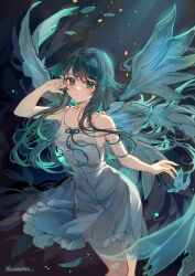 1girl animal artist_name bare_arms bare_shoulders blue_ribbon blush bug butterfly chinese_commentary collarbone colored_eyelashes commentary_request cowboy_shot crying crying_with_eyes_open disintegration dress dress_ribbon glowing glowing_wings green_butterfly green_eyes green_hair green_wings hair_between_eyes hair_flaps hand_in_own_hair highres insect light_particles lixiang_guo_alice long_hair looking_at_viewer medium_dress parted_lips ribbon saya_(saya_no_uta) saya_no_uta sidelocks sleeveless sleeveless_dress solo standing sundress tears transparent_animal transparent_butterfly transparent_wings very_long_hair white_dress wings