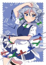 Rule 34 | 1girl, apron, arm up, ascot, back bow, between fingers, blue dress, blue eyes, blue gloves, blush, bow, braid, breasts, collared shirt, commentary, dress, eyelashes, feet out of frame, frilled apron, frilled dress, frills, gloves, green ascot, hair between eyes, hair ribbon, highres, holding, holding knife, holster, izayoi sakuya, knife, knife sheath, knife sheath, knives between fingers, maid, maid apron, maid headdress, medium breasts, miz (mizillustration), open mouth, pocket watch, puffy short sleeves, puffy sleeves, ribbon, roman numeral, sash, sheath, shirt, short hair, short sleeves, sidelocks, silver hair, solo, standing, thigh holster, thighs, touhou, tress ribbon, twin braids, watch, white apron, white gloves, white sash, white shirt, wing collar, wrist cuffs