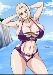 Rule 34 | 1girl, armpits, beach, blonde hair, blush, breasts, brown eyes, cleavage, cloud, cowboy shot, curvy, day, facial mark, female focus, forehead mark, groin, highres, huge breasts, large breasts, legs, legs together, long hair, looking at viewer, nail polish, naruho, naruto, naruto (series), navel, ocean, outdoors, palm tree, parted lips, red nails, revealing clothes, sand, sky, smile, solo, standing, swimsuit, thick thighs, thighs, tree, tsunade (naruto)