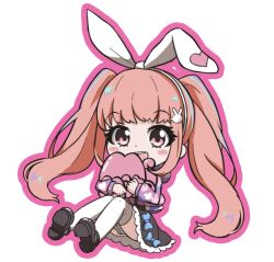 Rule 34 | 040uma, 1girl, animal ears, black footwear, black skirt, blush, bow, chibi, denonbu, full body, hair bow, hair ornament, hood, hoodie, long hair, long sleeves, looking at viewer, open mouth, pink eyes, pink hair, pink hoodie, pleated skirt, rabbit ears, sakurano mimito, shirt, shoes, simple background, sitting, skirt, smile, solo, thighhighs, twintails, white background, white thighhighs