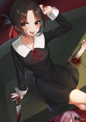 Rule 34 | 2girls, :p, arm up, bad id, bad pixiv id, black bow, black dress, blood, blood on clothes, blood on face, blush, bow, breasts, brown hair, collarbone, commentary request, couch, crossed legs, disembodied limb, dress, folded ponytail, fujiwara chika, guro, hair bow, highres, indoors, kaguya-sama wa kokurasetai ~tensai-tachi no renai zunousen~, kitchen knife, looking at viewer, multiple girls, murder, neck ribbon, on couch, parted bangs, parted lips, pink hair, red eyes, red ribbon, ribbon, school uniform, shinomiya kaguya, short hair, shuuchiin academy school uniform, sidelocks, sitting, small breasts, solo focus, tongue, tongue out, ziko