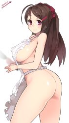 Rule 34 | 10s, 1girl, 2015, :&gt;, ahoge, apron, ass, blush, bow, breasts, brown hair, covered erect nipples, cowboy shot, curvy, dated, female focus, flat ass, hair bow, hair ornament, hairclip, highres, huge breasts, kantai collection, kappougi, kuro chairo no neko, long hair, mamiya (kancolle), naked apron, paw print, ponytail, purple eyes, red bow, sideboob, simple background, smile, solo, thick thighs, thighs, twitter username, white background