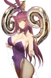 Rule 34 | 1girl, animal ears, balloon, bare shoulders, black pantyhose, blurry, blurry background, bow, bowtie, breasts, cleavage, covered navel, detached collar, fake animal ears, fate/grand order, fate (series), fishnets, flower, highres, large breasts, leotard, long hair, looking at viewer, official alternate costume, pantyhose, playboy bunny, purple flower, purple hair, purple leotard, purple rose, rabbit ears, red eyes, rose, scathach (fate), scathach (piercing bunny) (fate), side-tie leotard, smile, solo, strapless, strapless leotard, throtem, very long hair, white background, wrist cuffs