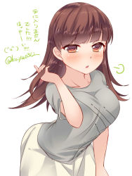 Rule 34 | 10s, 1girl, alternate costume, blush, breasts, brown eyes, brown hair, grey shirt, kantai collection, ko yu, large breasts, long hair, ooi (kancolle), open mouth, shirt, short sleeves, simple background, skirt, solo, twitter username, white background, white skirt
