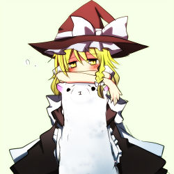 Rule 34 | 1girl, alpaca, bad id, bad pixiv id, blonde hair, blush, braid, crossed arms, female focus, ferret, hat, head rest, kirisame marisa, lowres, pasutel, side braid, solo, touhou, witch, witch hat, yellow eyes